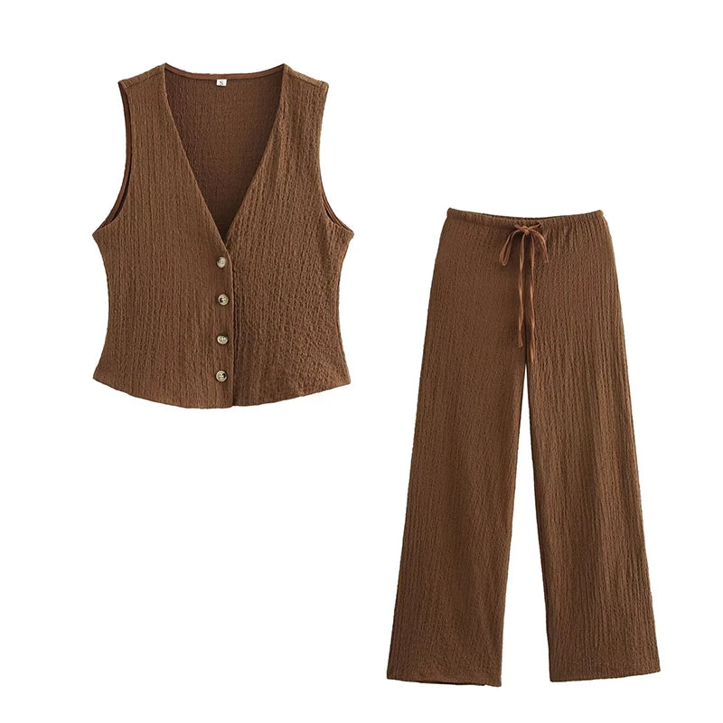 Willshela Women Fashion 2 Piece Set Solid Single Breasted Tank Tops & Vintage HIgh Elastic Waist Pants Female Chic Pants Suit VELNOR