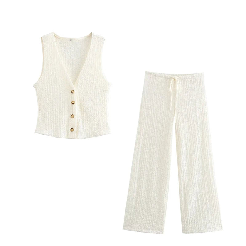 Willshela Women Fashion 2 Piece Set Solid Single Breasted Tank Tops & Vintage HIgh Elastic Waist Pants Female Chic Pants Suit VELNOR