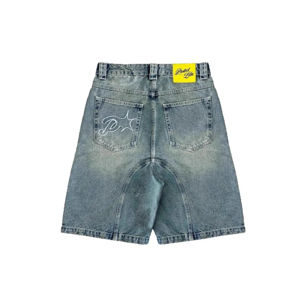 Vintage Y2k Men Women Harajuku Short Jeans Washed Embroidery American Retro Man Denim shorts Summer Loose Hip Hop Streetwear Solvane