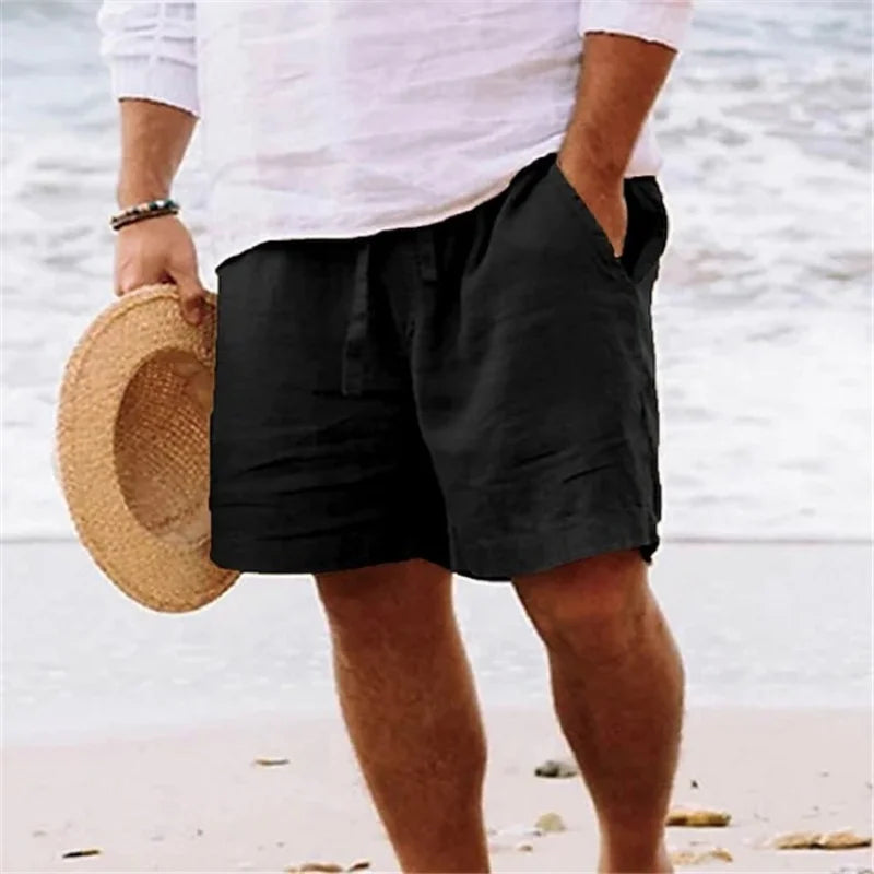 2025 New Summer New Men's Cotton Linen Breathable Shorts Hawaii Beach Pants Male Solid Color Trousers Loose Versatile Streetwear Solvane