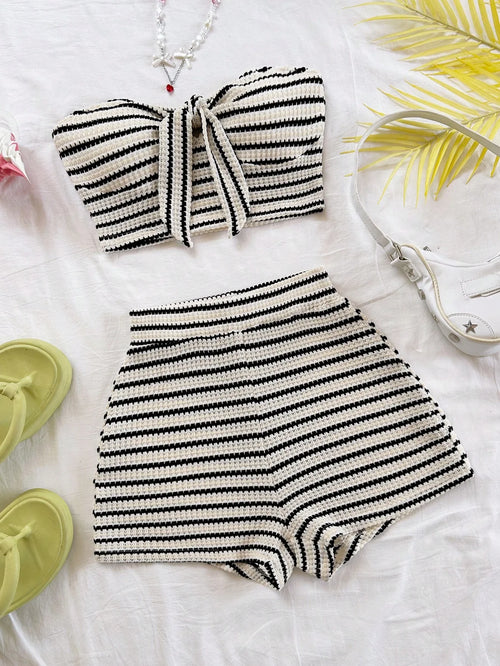 Women's Elegant 2-Piece Fashion Striped Set with Butterfly Detail Top and High-Waisted Shorts, Perfect for Holiday, Date, Aftern VELNOR