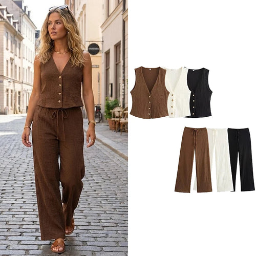 Willshela Women Fashion 2 Piece Set Solid Single Breasted Tank Tops & Vintage HIgh Elastic Waist Pants Female Chic Pants Suit VELNOR