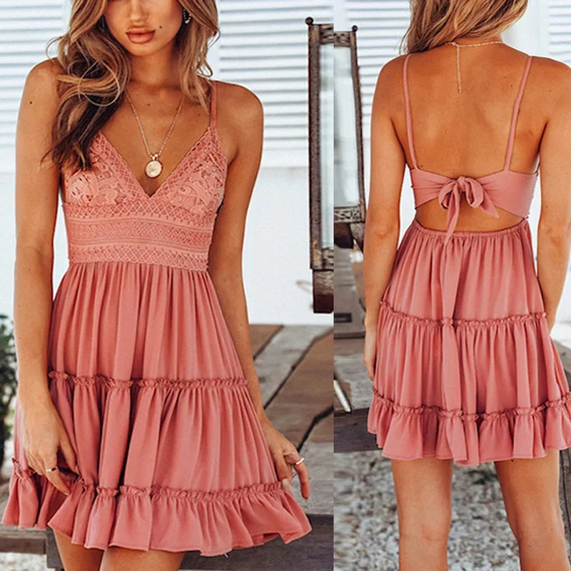 Sexy Lace Dresses Women Spaghetti Strap White Dress Summer Beach Mini Party Dress A-line V-neck Bohe Open Back Pleated Dress VELNOR