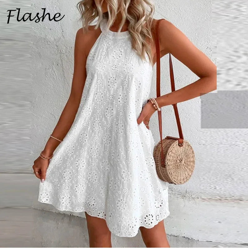 Summer Mini Dress Women Sleeveless O Neck Jacquard Design Casual Beach Holiday Dresses For Women Party Dress White VELNOR