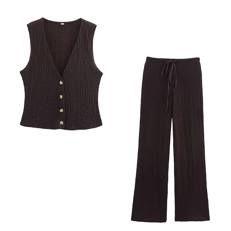 Willshela Women Fashion 2 Piece Set Solid Single Breasted Tank Tops & Vintage HIgh Elastic Waist Pants Female Chic Pants Suit VELNOR