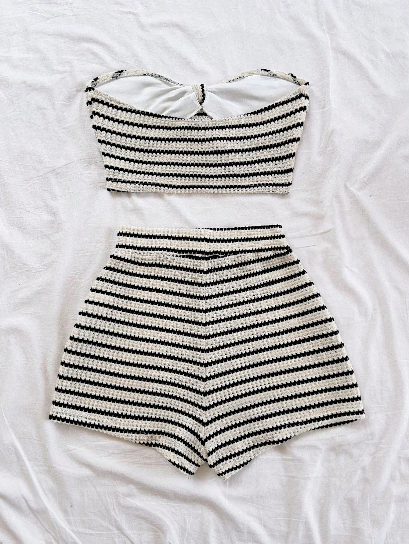 Women's Elegant 2-Piece Fashion Striped Set with Butterfly Detail Top and High-Waisted Shorts, Perfect for Holiday, Date, Aftern VELNOR