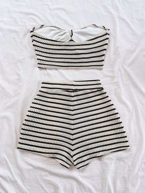Women's Elegant 2-Piece Fashion Striped Set with Butterfly Detail Top and High-Waisted Shorts, Perfect for Holiday, Date, Aftern VELNOR