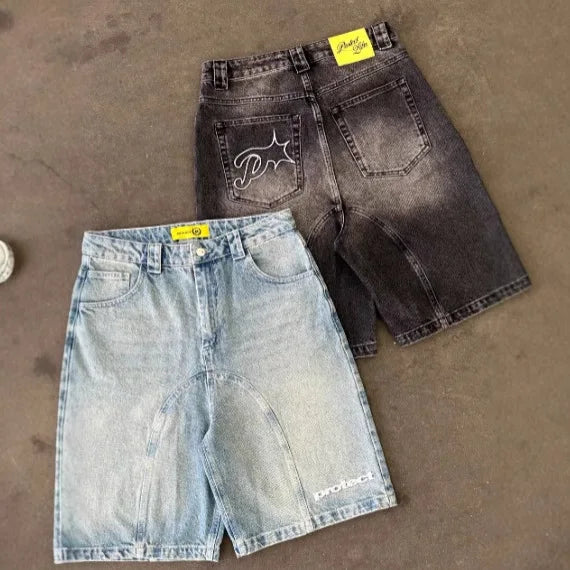 Vintage Y2k Men Women Harajuku Short Jeans Washed Embroidery American Retro Man Denim shorts Summer Loose Hip Hop Streetwear Solvane