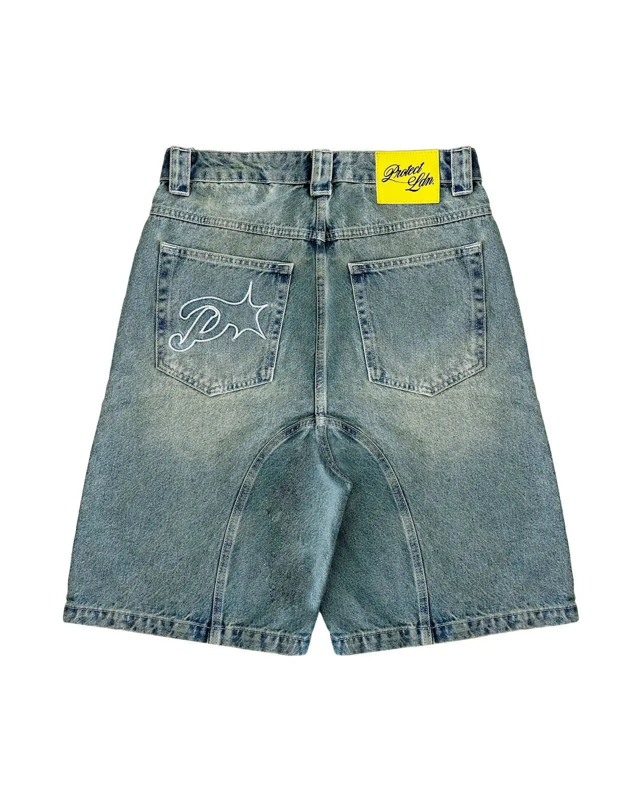 Vintage Y2k Men Women Harajuku Short Jeans Washed Embroidery American Retro Man Denim shorts Summer Loose Hip Hop Streetwear Solvane