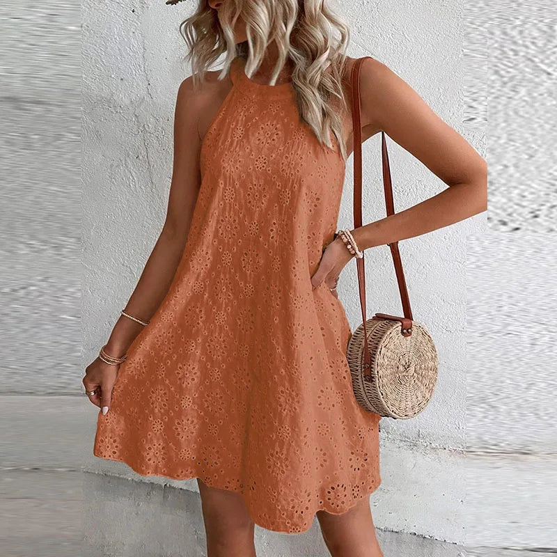 Summer Mini Dress Women Sleeveless O Neck Jacquard Design Casual Beach Holiday Dresses For Women Party Dress White VELNOR