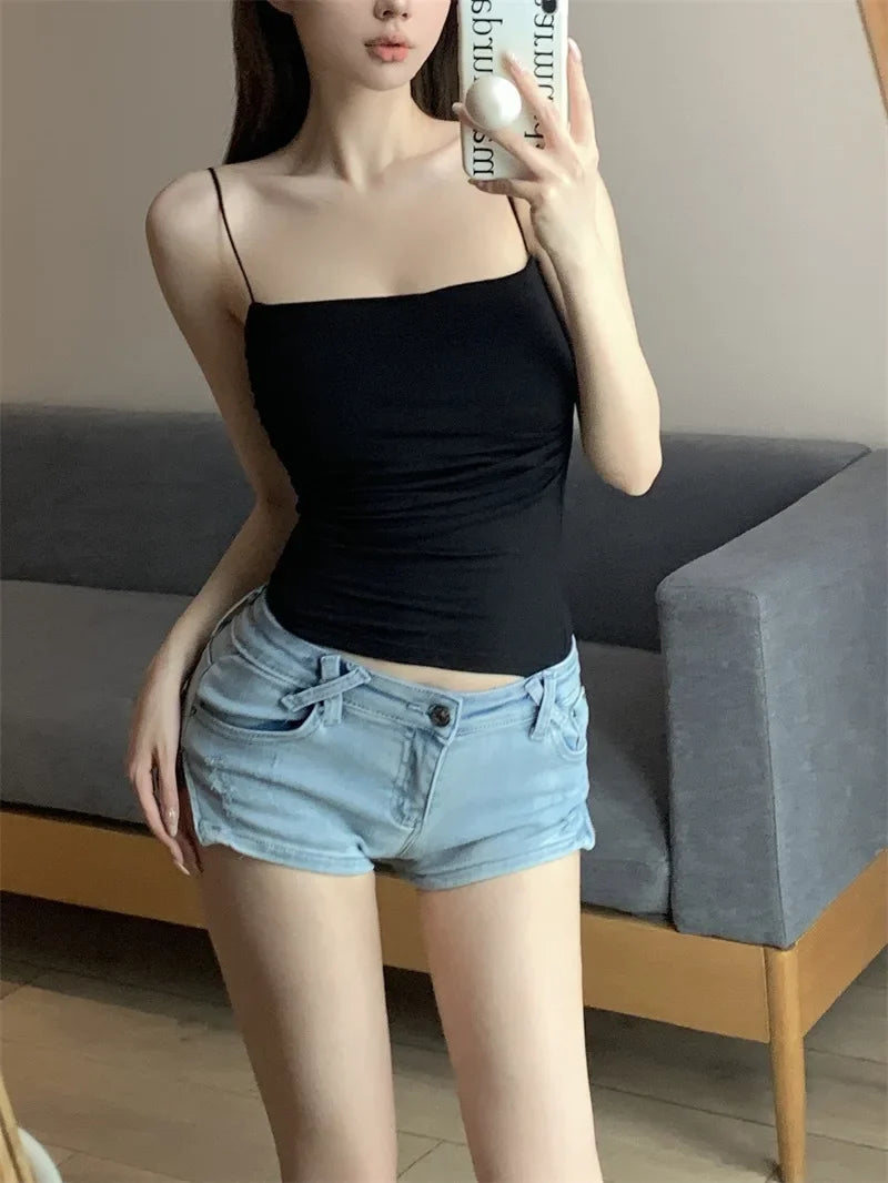 Sexy Short Top With Thin Straps Plain White Tank Top Korean Style Women's Sleeveless Top Tank Underwear Fitted Camisole VELNOR