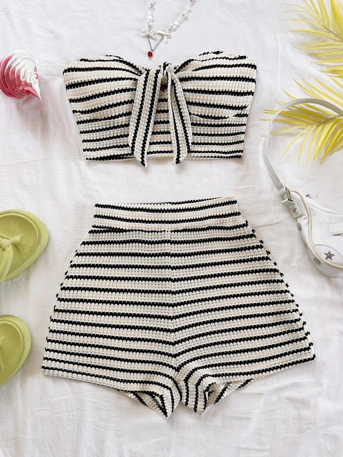 Women's Elegant 2-Piece Fashion Striped Set with Butterfly Detail Top and High-Waisted Shorts, Perfect for Holiday, Date, Aftern VELNOR