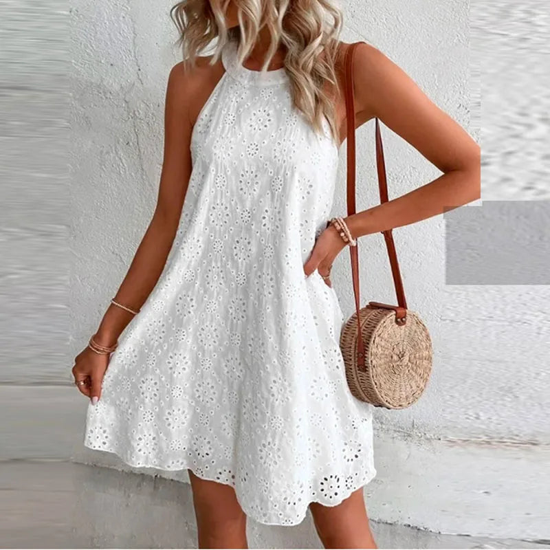Summer Mini Dress Women Sleeveless O Neck Jacquard Design Casual Beach Holiday Dresses For Women Party Dress White VELNOR