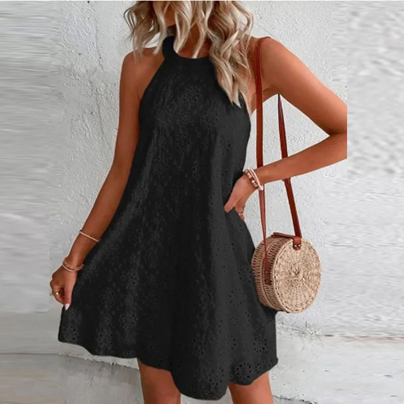 Summer Mini Dress Women Sleeveless O Neck Jacquard Design Casual Beach Holiday Dresses For Women Party Dress White VELNOR