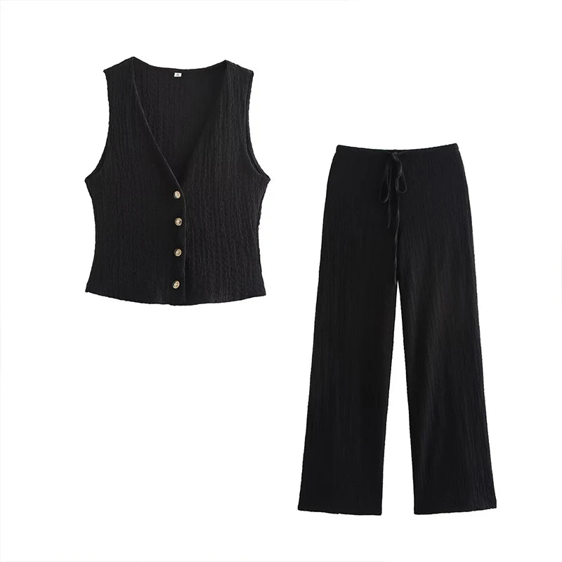 Willshela Women Fashion 2 Piece Set Solid Single Breasted Tank Tops & Vintage HIgh Elastic Waist Pants Female Chic Pants Suit VELNOR