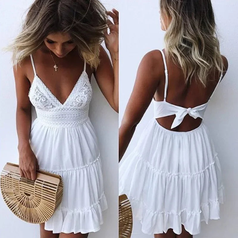 Sexy Lace Dresses Women Spaghetti Strap White Dress Summer Beach Mini Party Dress A-line V-neck Bohe Open Back Pleated Dress VELNOR